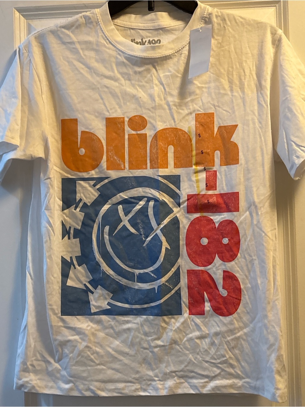 Blink-182 White Short Sleeve Graphic Tee with Orange & Blue Print